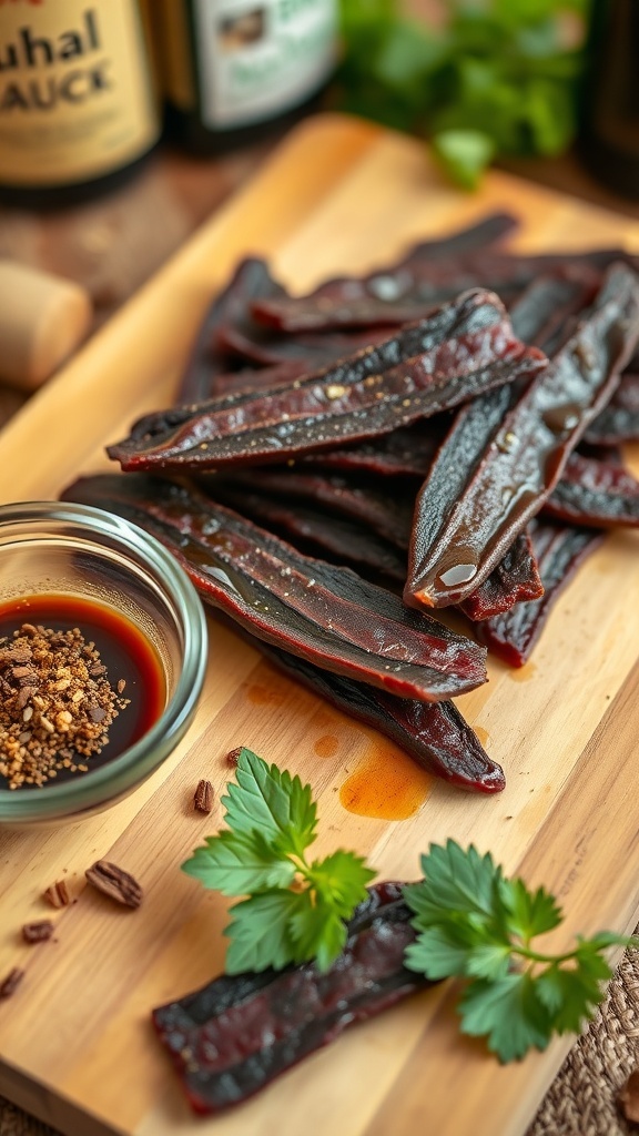 Homemade Beef Jerky Recipe Homemade beef jerky strips on a wooden board with marinade ingredients in the background.